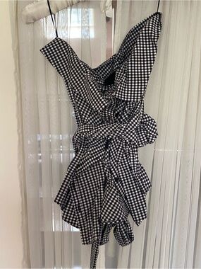 INTERMIX Black and White Gingham Ruffled One-Shoulder Top
